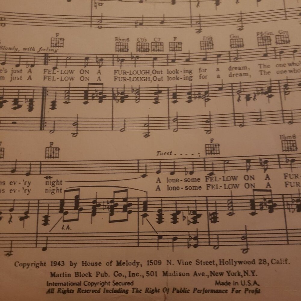 A Fellow On A Furlough Vintage 1943 Sheet Music By Bobby Worth Martin Block Pub. - Picture 2 of 3